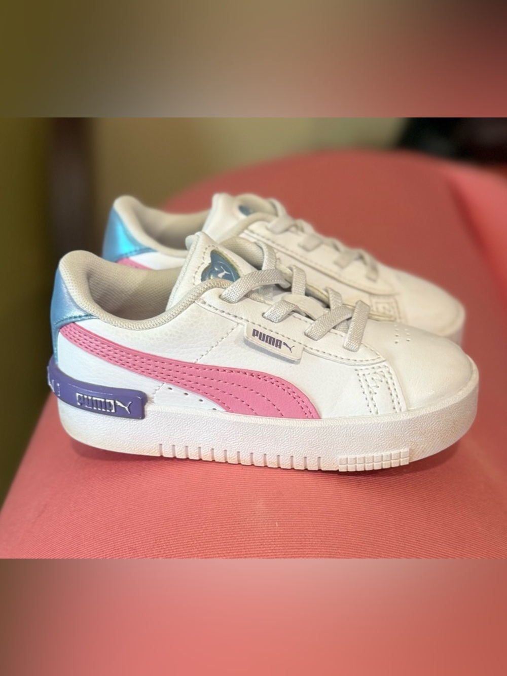 Puma Kids White Sneakers with Pink Stripe and Purple Accent